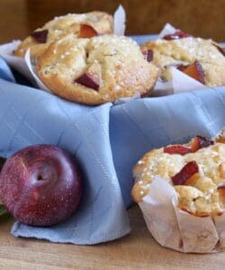 basket of plum muffins with a plum nearby