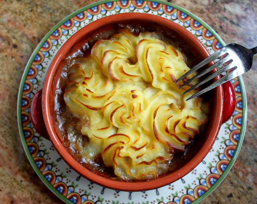 shepherd's pie with swirled potato, overhead view