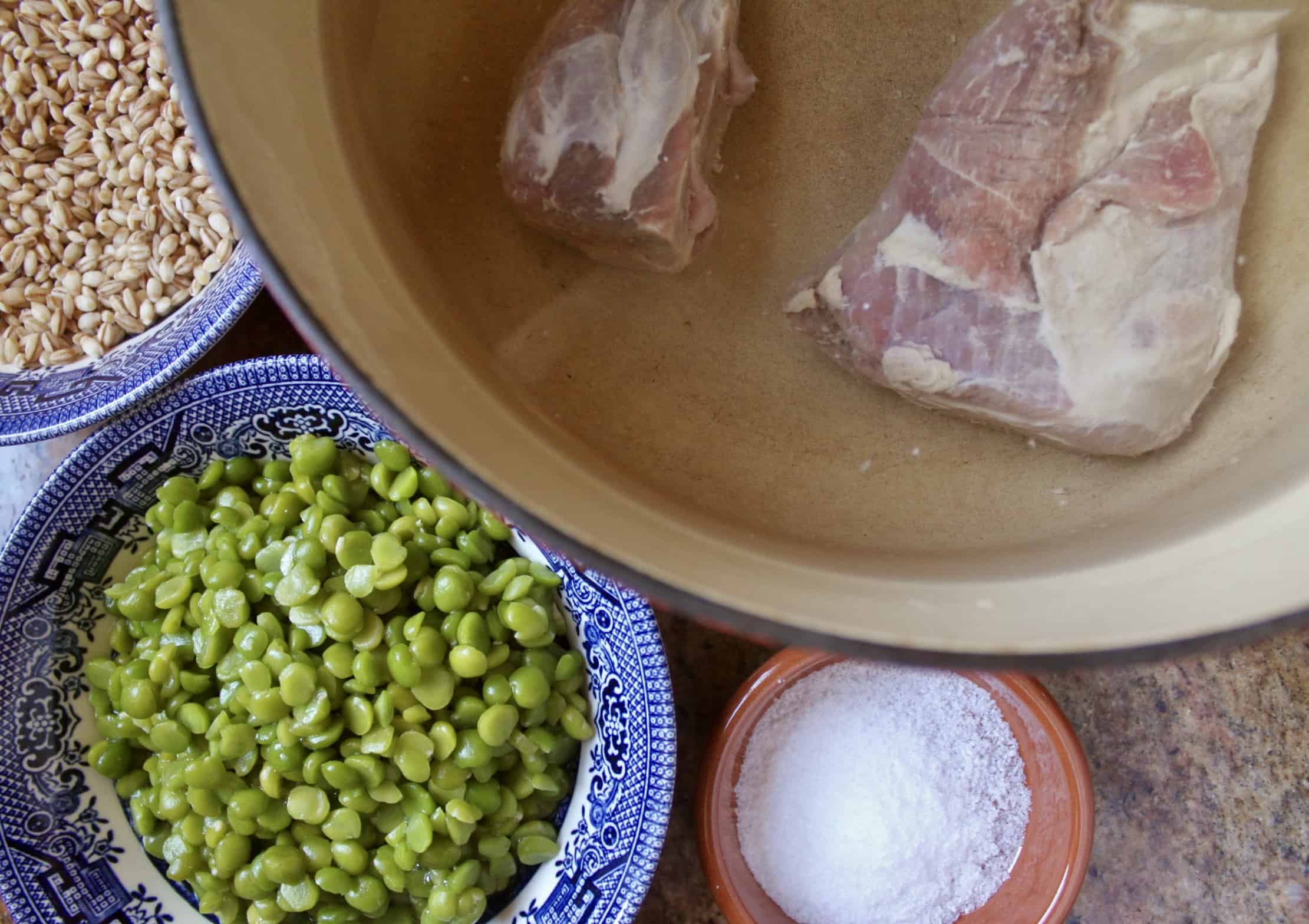 split peas, barley, salt and bones in a pot