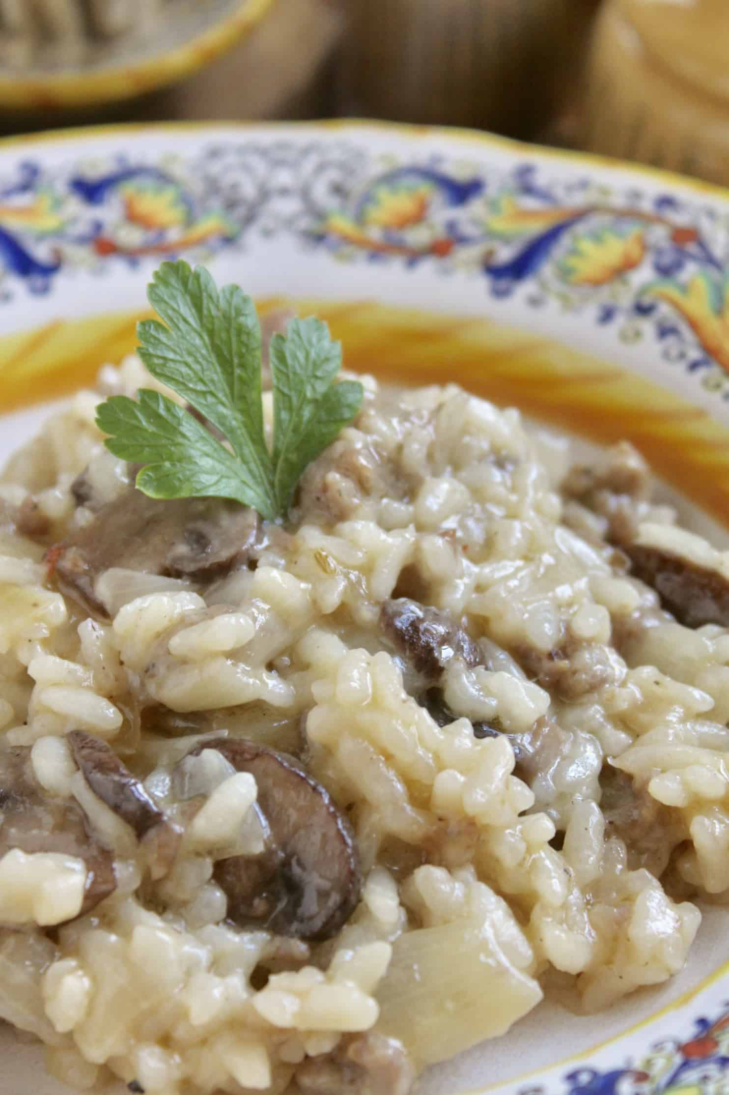 sausage and mushroom risotto in an italian bowl