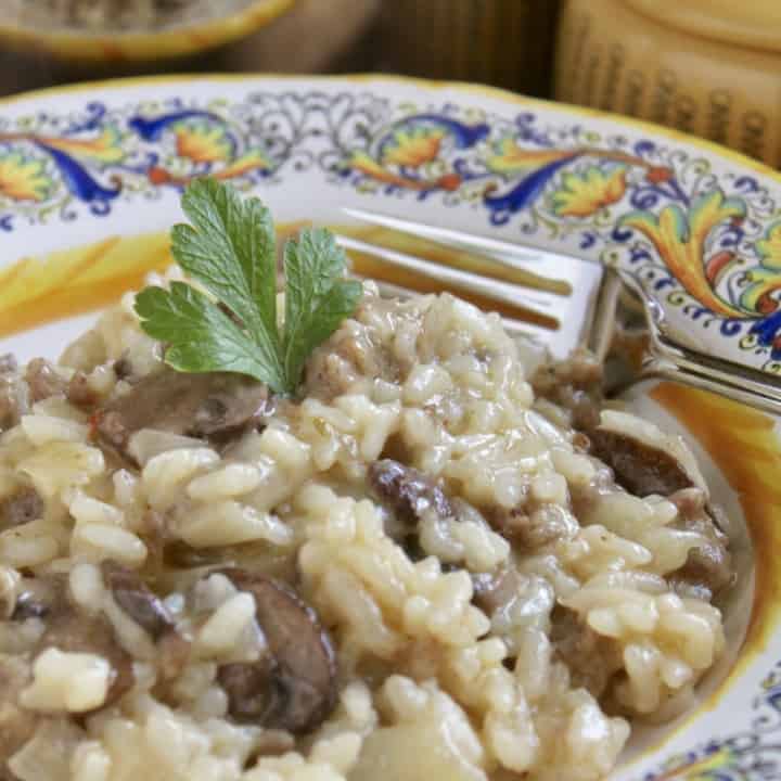 sausage and mushroom risotto in an italian bowl