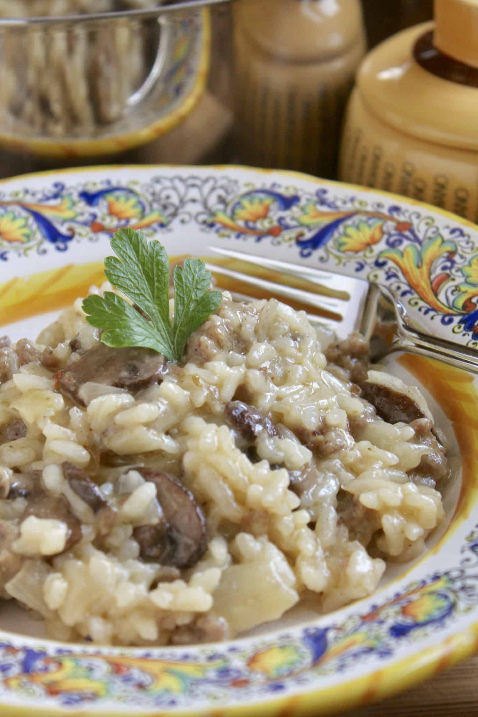 sausage and mushroom risotto in an italian bowl