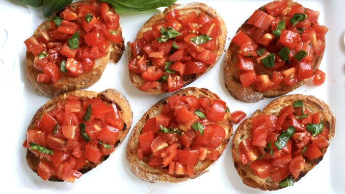 overhead bruschetta on a tray
