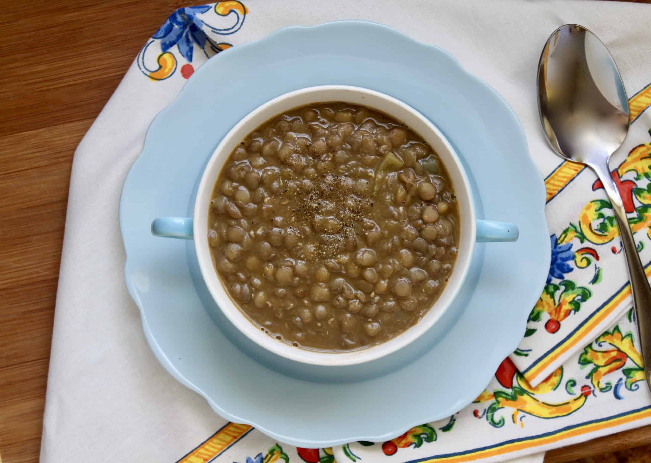 5 Minute Lentil Soup in a bowl with a blue saucer