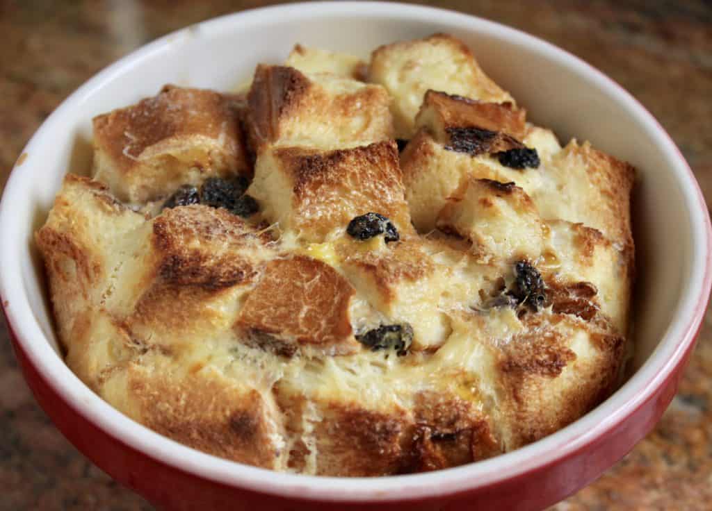 Raisin bread and butter pudding baked in a bowl