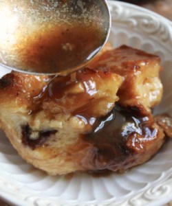 Chocolate bread and butter pudding with whisky sauce