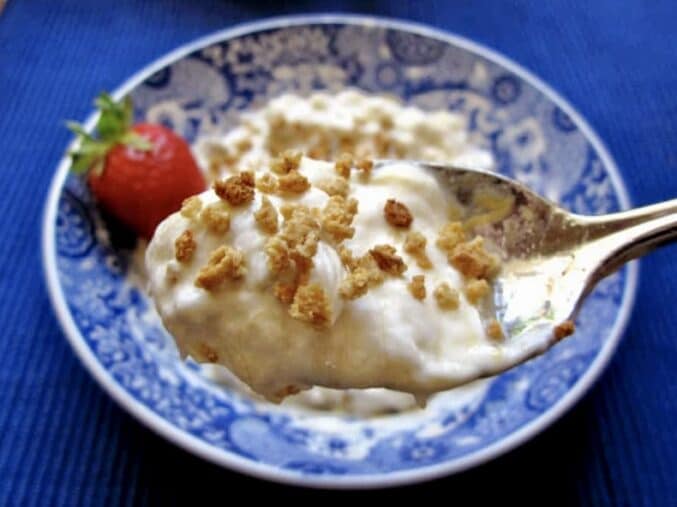 crunchy rhubarb yogurt in a spoon