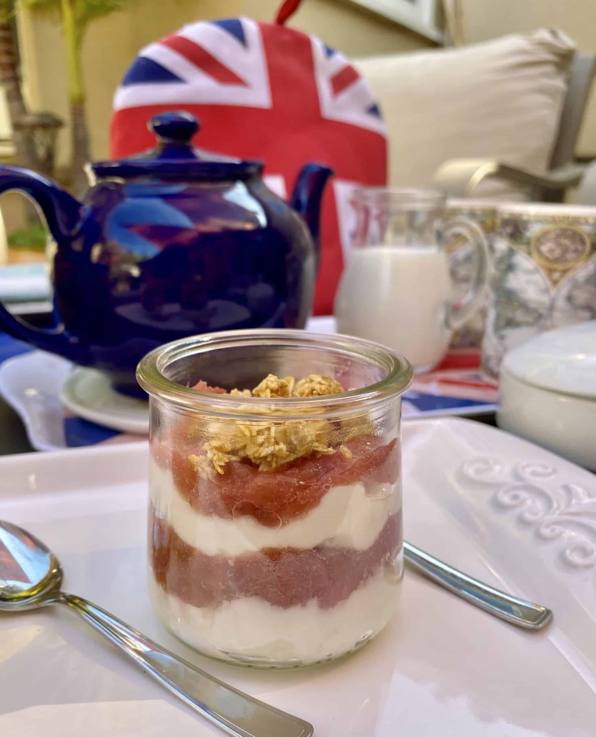 crunchy rhubarb yogurt in a jar