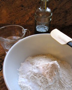 flour in bowl for no knead Pizza dough Recipe
