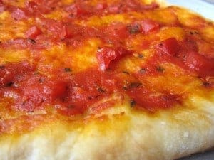 a slice of no knead Pizza dough pizza