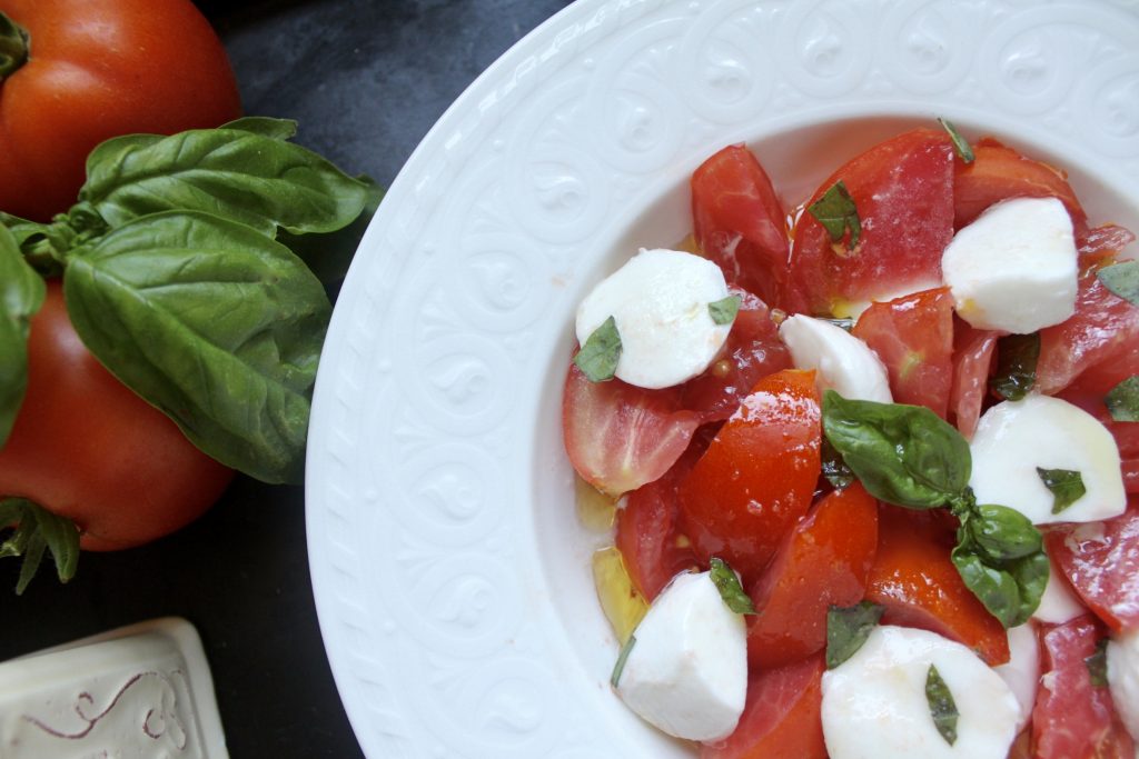 overhead shot of caprese salad in a bowl