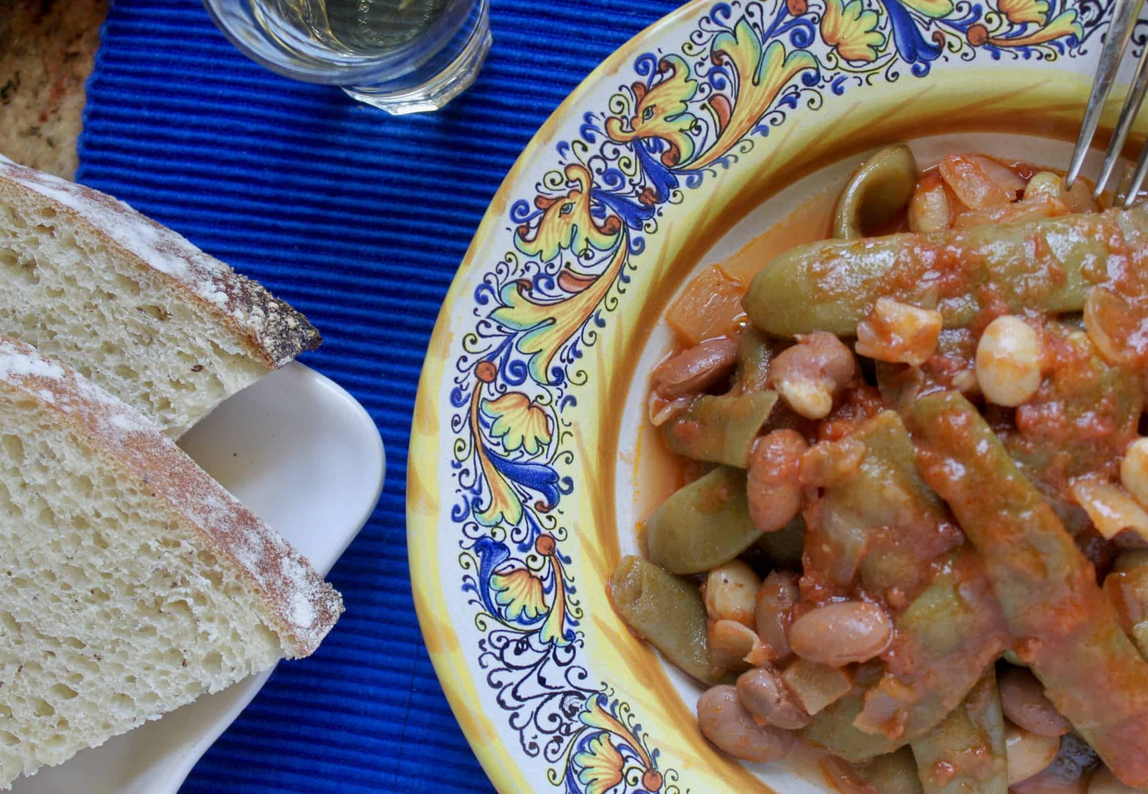 Italian green beans flat lay with bread