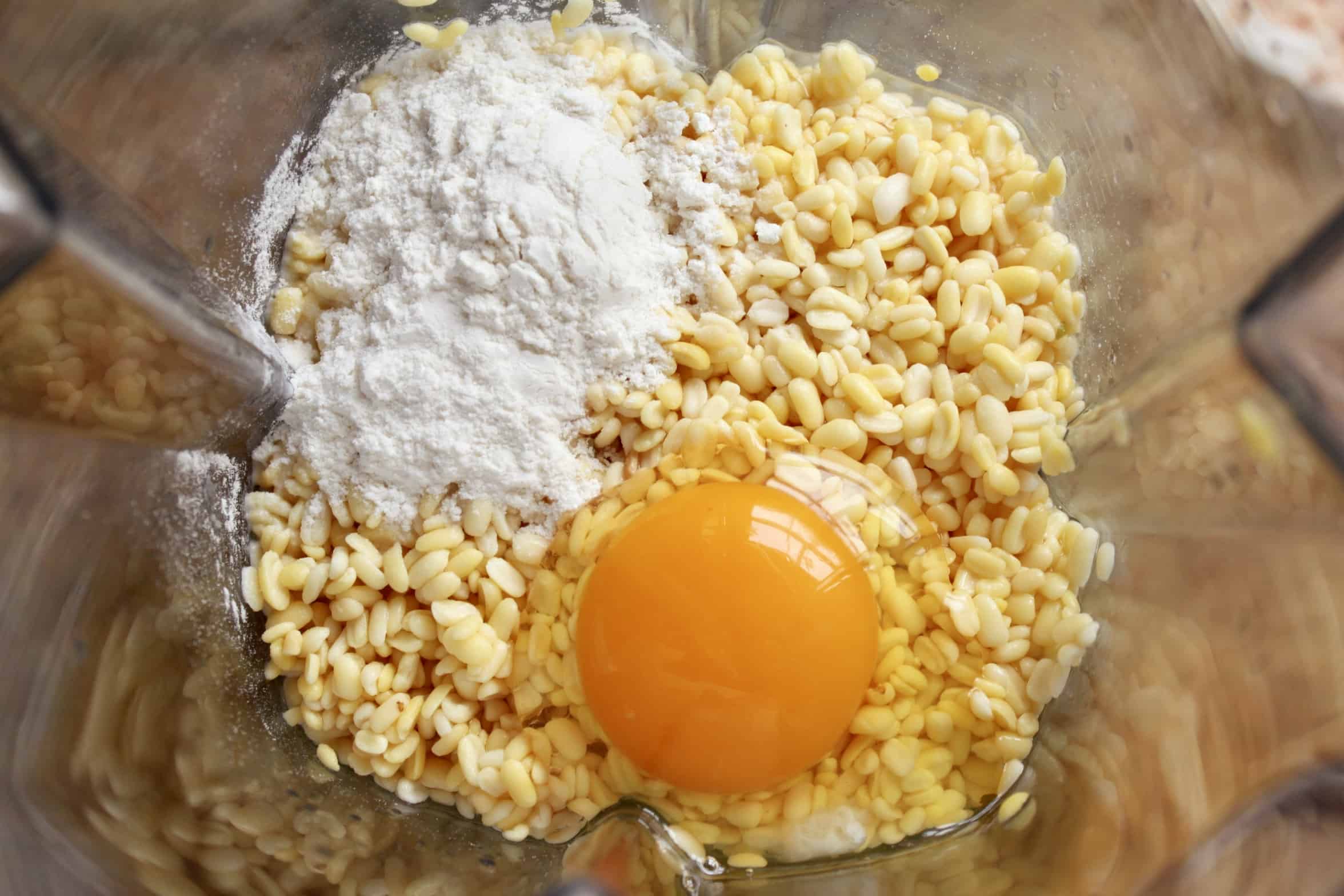 egg flour and mung beans in a blender
