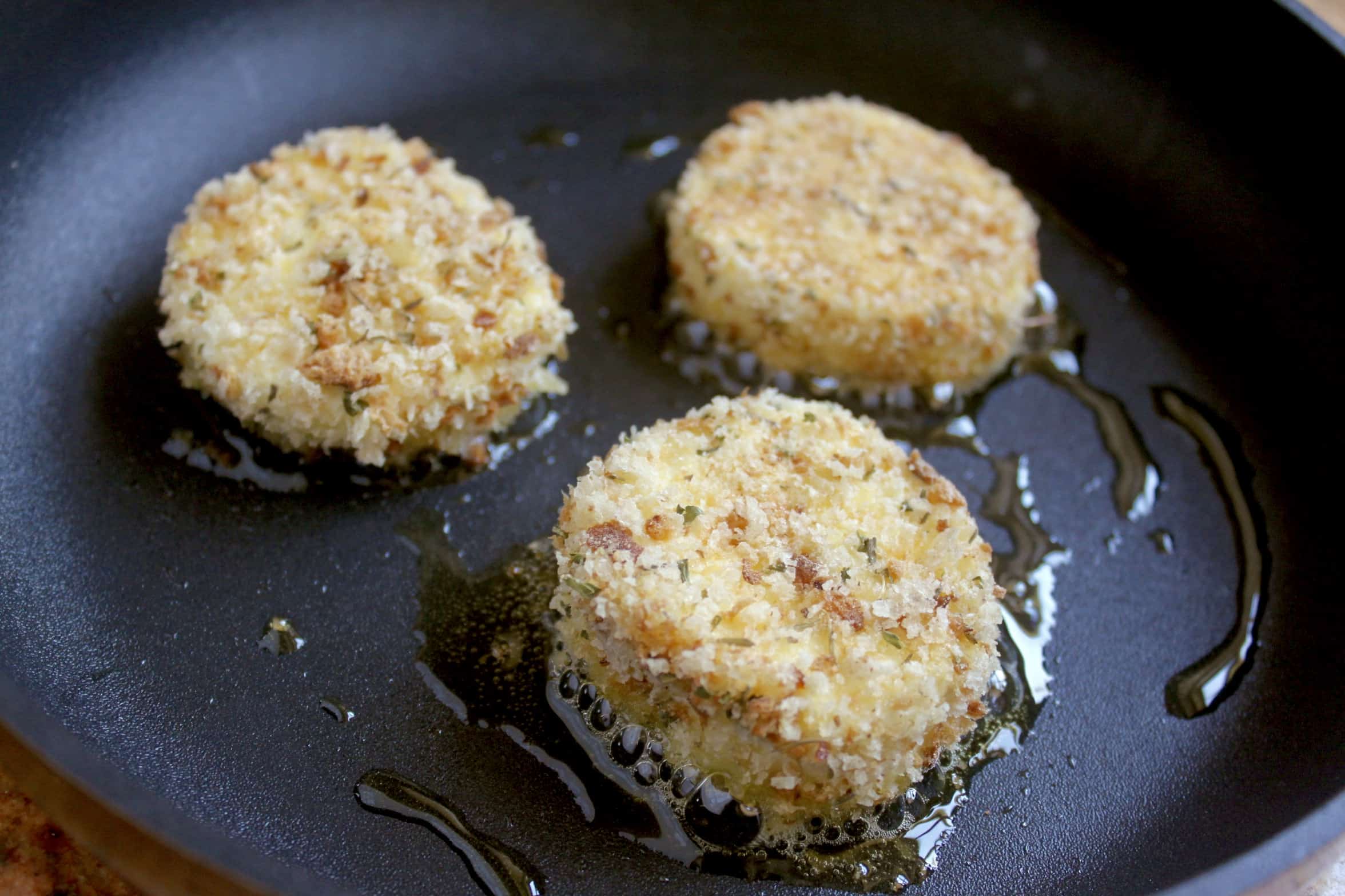 Frying breaded goat cheese