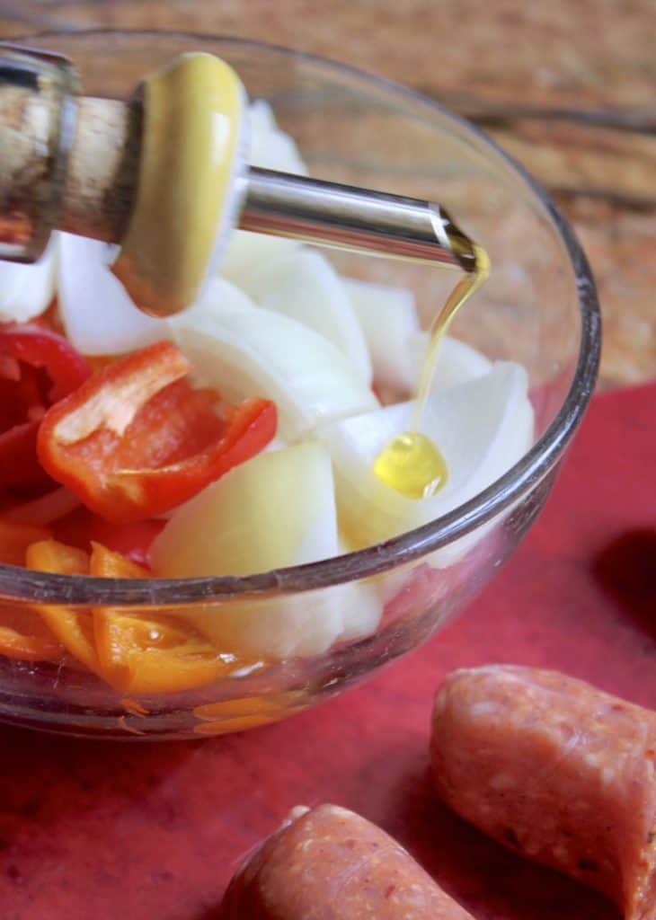 preparing onion and peppers