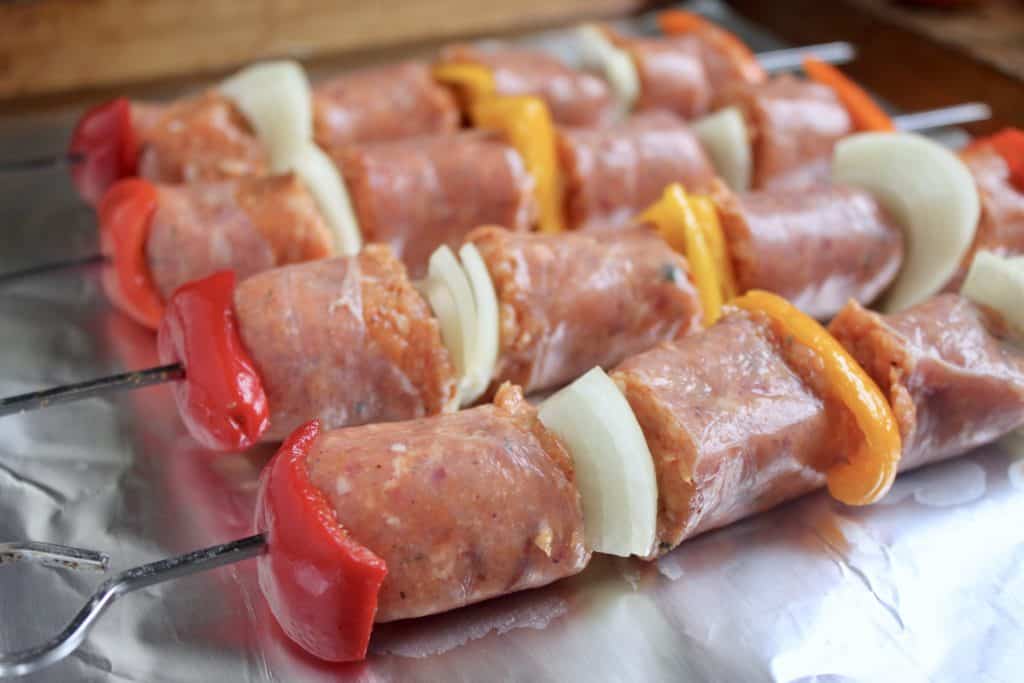 raw sausage on the skewers