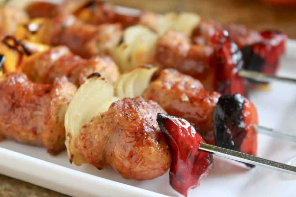 close up, sausage skewers