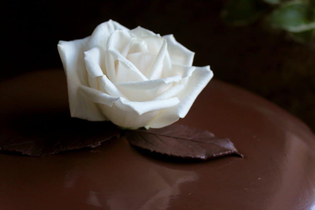 mirror ganache with a white rose on top of the dessert
