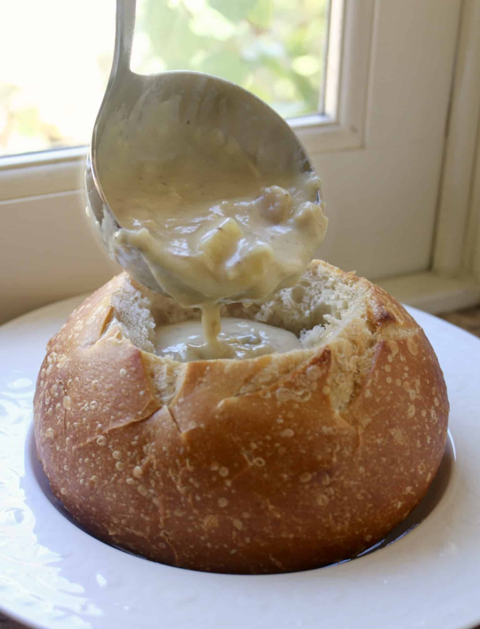 Clam Chowder (without Cream) in a Sourdough Bread Bowl Christina's Cucina