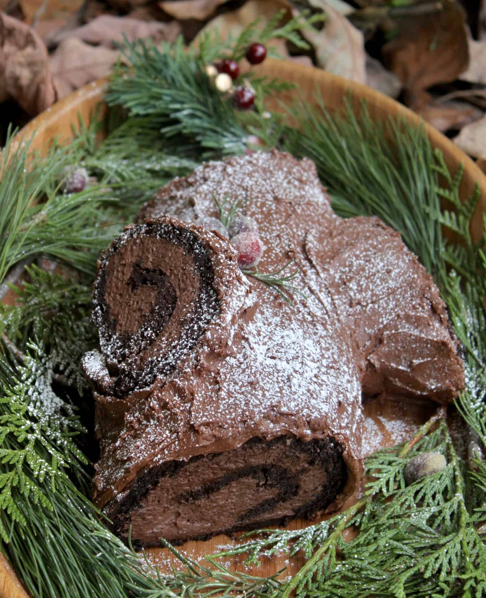 yule log with pine needles