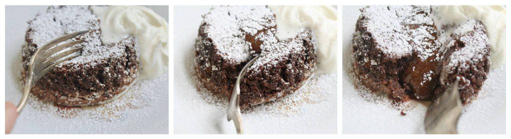 collage of cutting molten chocolate lava cake