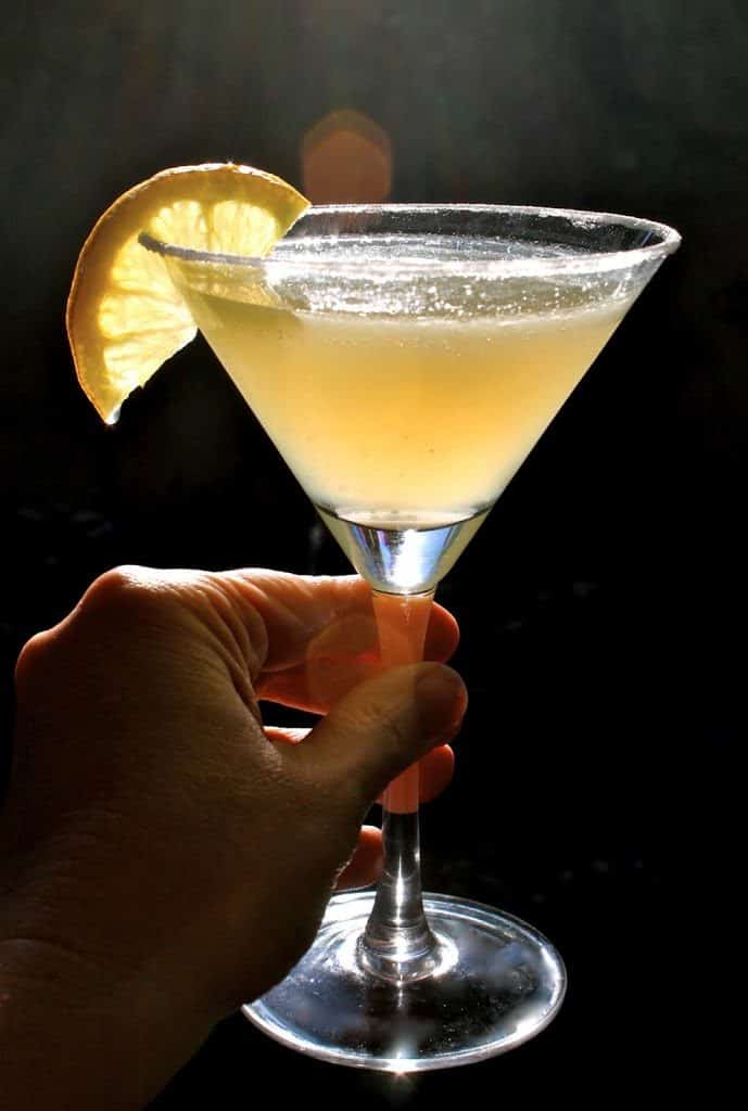 sunlit lemon drop martini in a glass with half a lemon slice