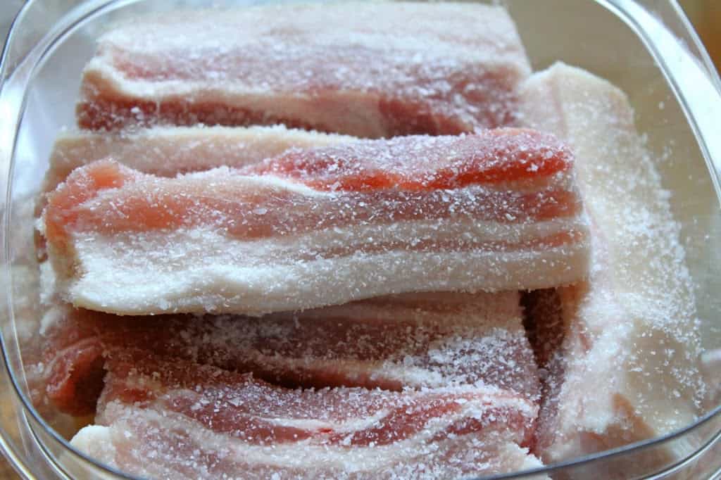 salting pork belly for homemade pancetta