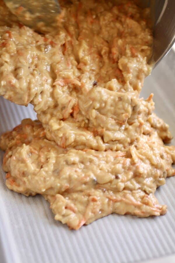 pouring batter into pan