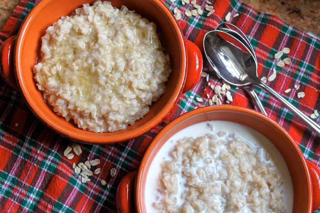 bowls of porridge on a tartan tea towel