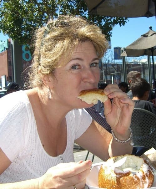 me eating San Francisco clam chowder recipe in SF