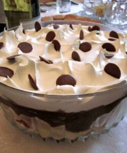 chocolate trifle with chocolate buttons on top