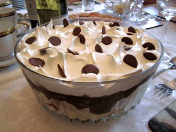chocolate trifle with chocolate buttons on top