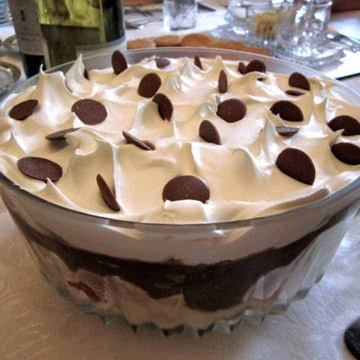 chocolate trifle with chocolate buttons on top