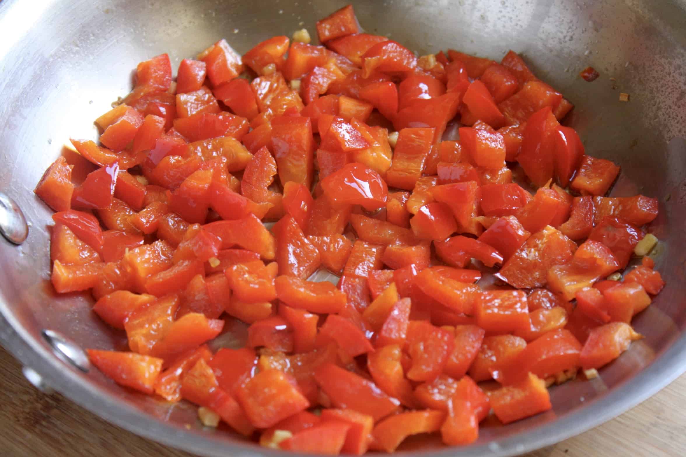 red bell peppers in a pan
