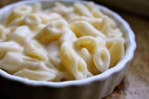 trader joe's copycat mac and cheese mini penne in a ramekin