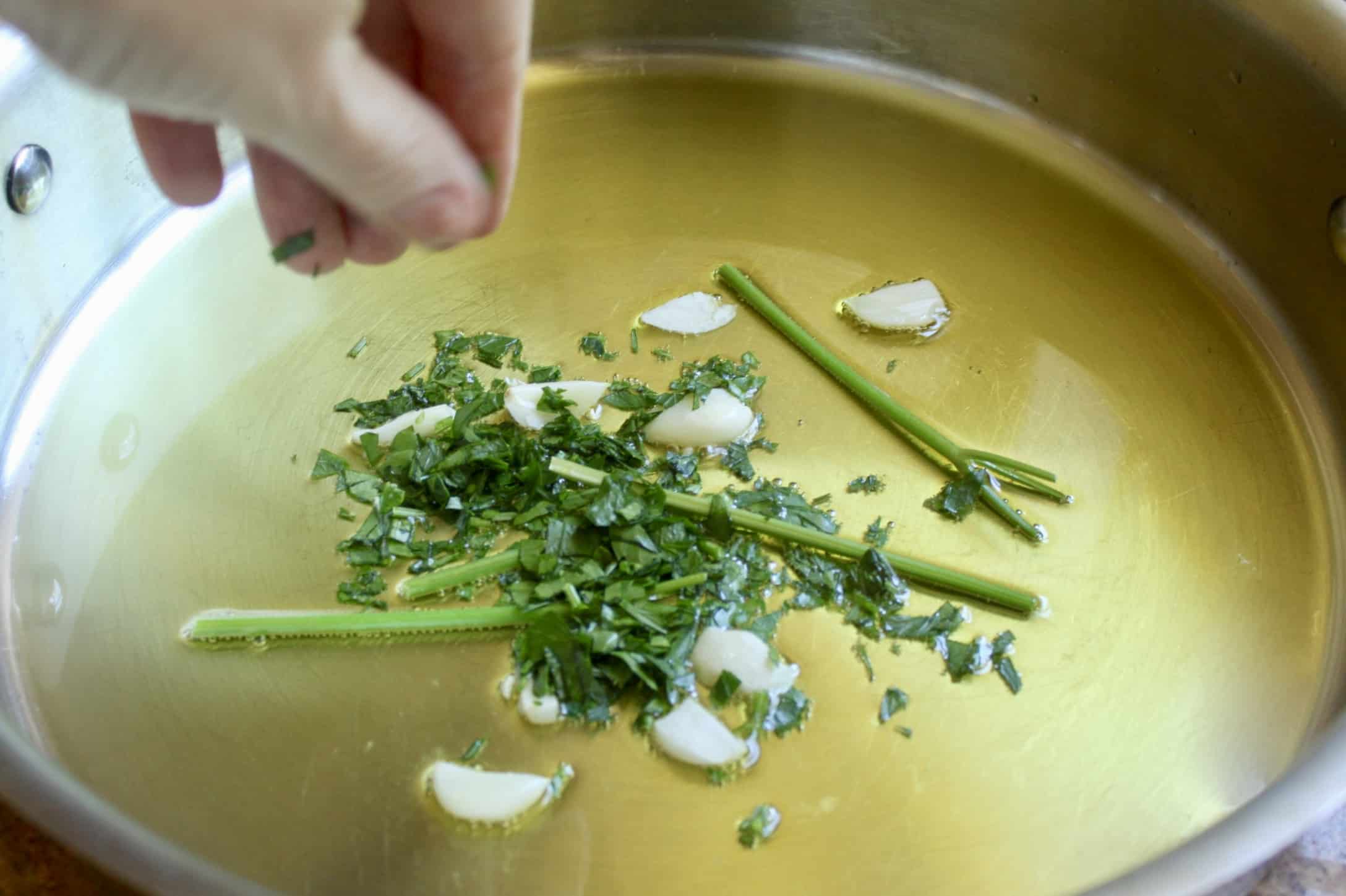 making quick Italian tomato sauce putting garlic and parsley in oil in a pan