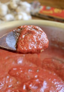 italian tomato sauce on a wooden spoon