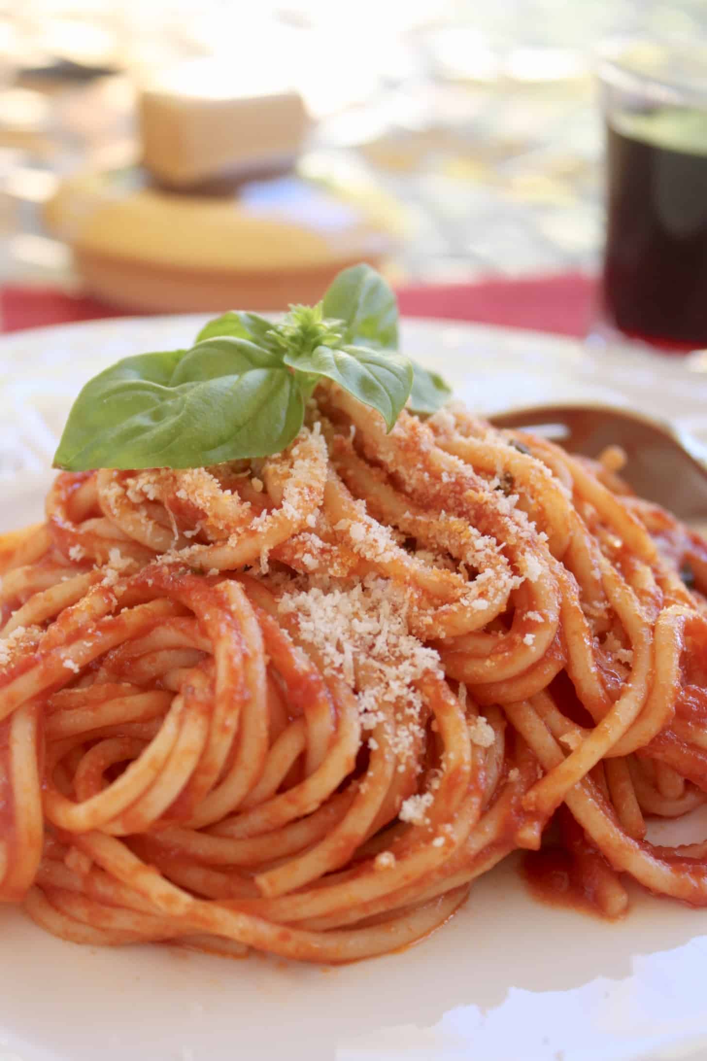 authentic italian pasta sauce served on spaghetti with a sprig of basil