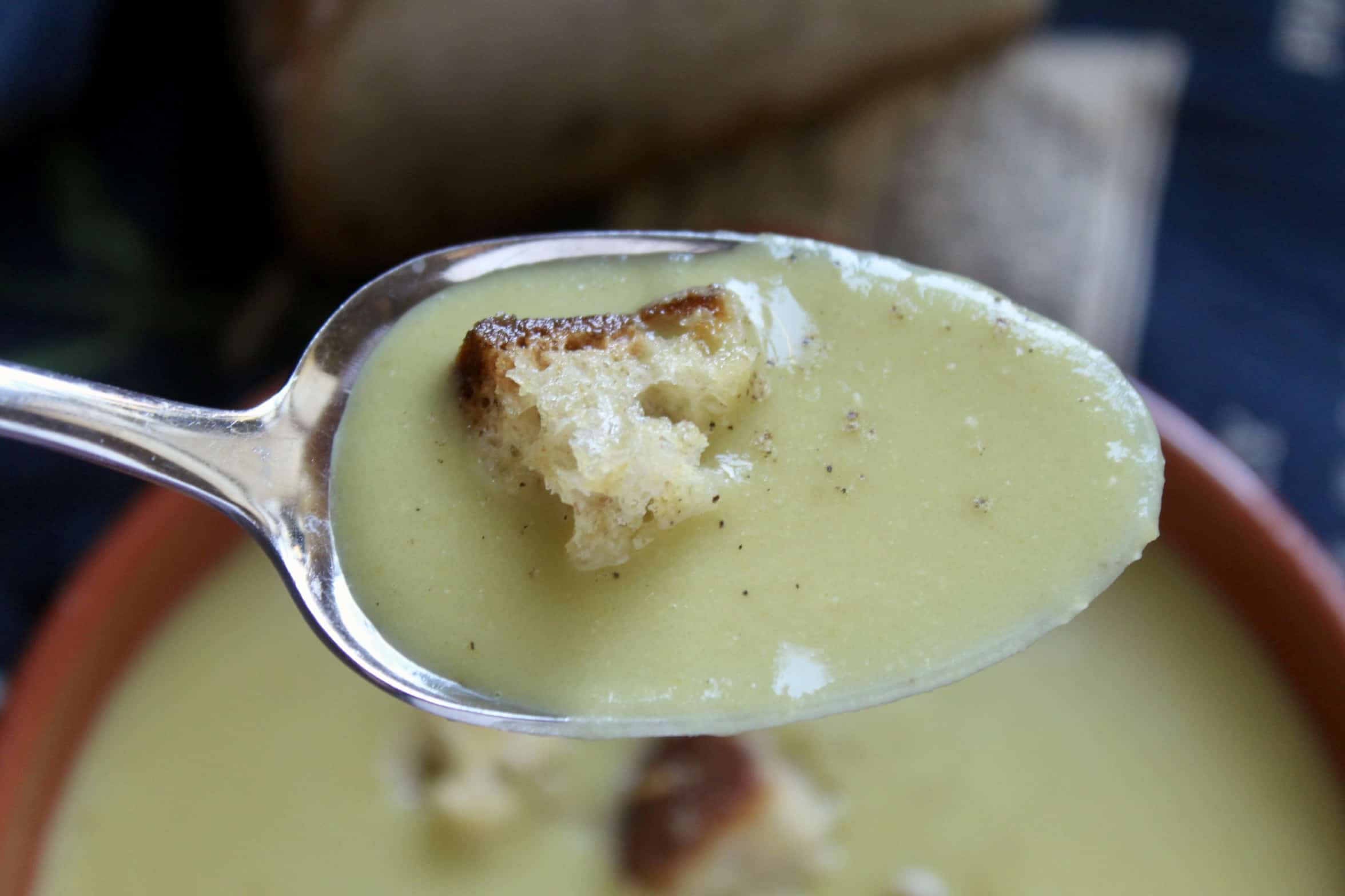 spoonful of pea soup with a crouton