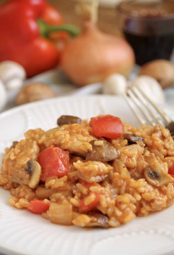 Mediterranean chicken recipe taken on a plate with veg in background