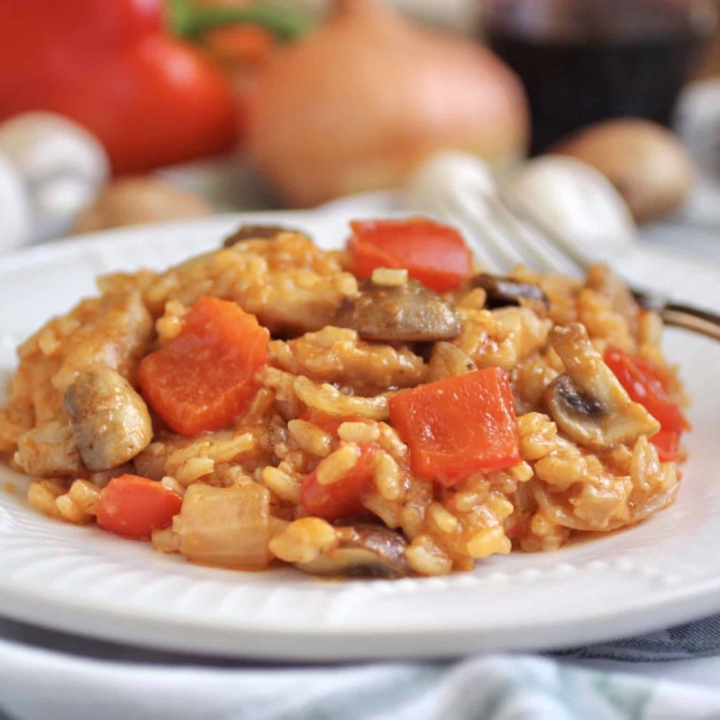 Mediterranean chicken recipe taken on a plate with veg in background