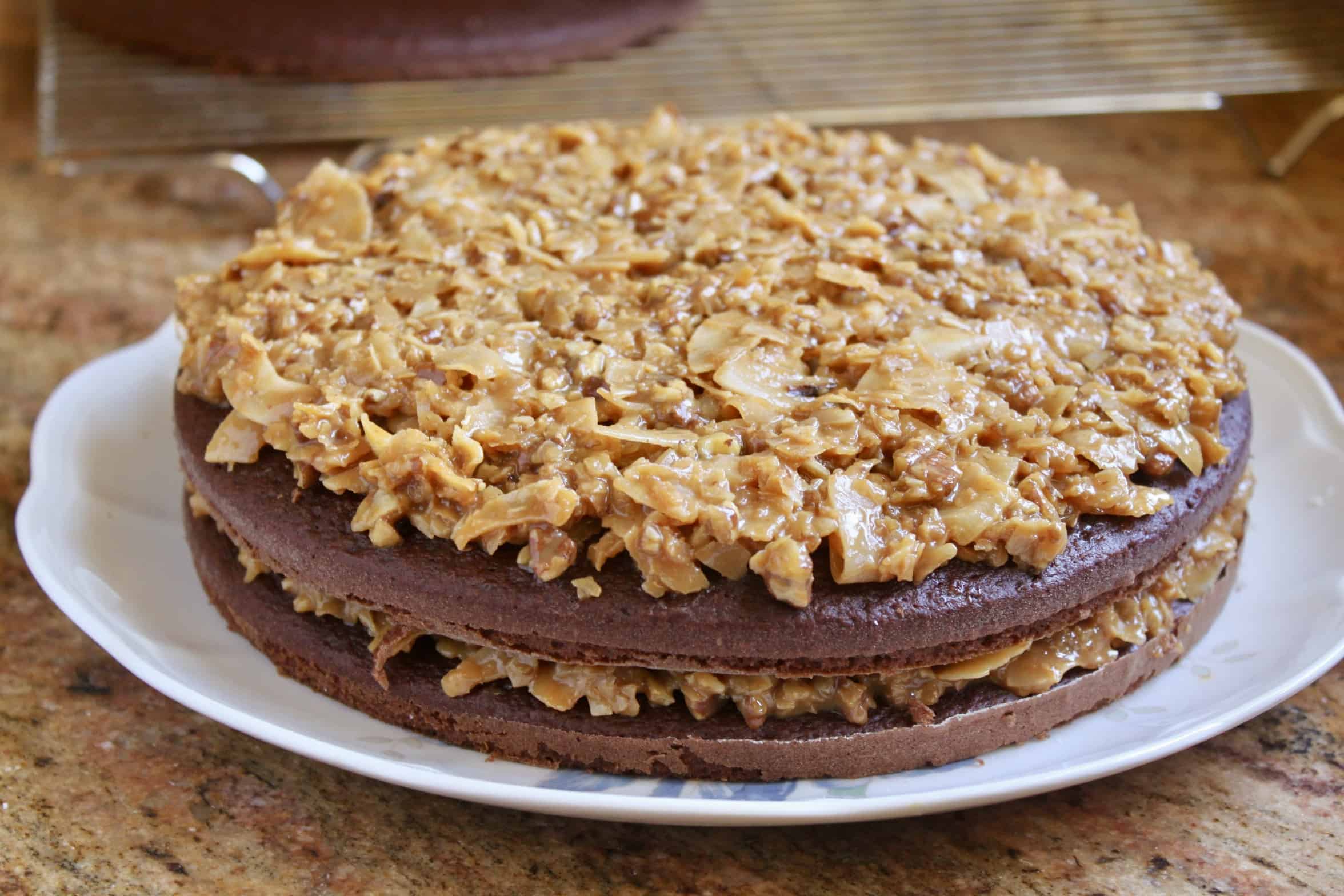 assembling German chocolate cake