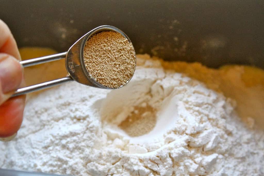 adding yeast to flour