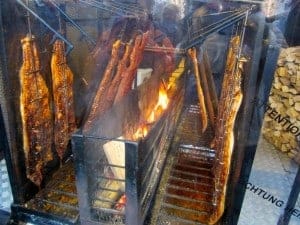 German Christmas Market smoking salmon German Christmas Market smoking salmon