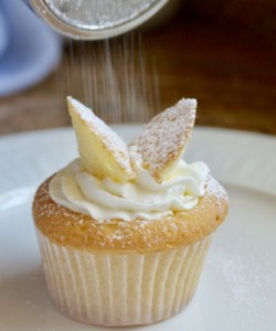 Butterfly cupcake with confectioner's sugar sifting onto it