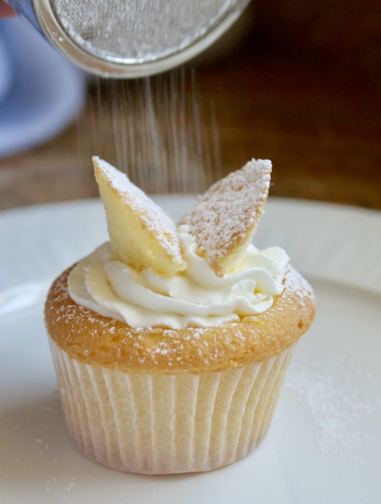 Butterfly cupcake with confectioner's sugar sifting onto it