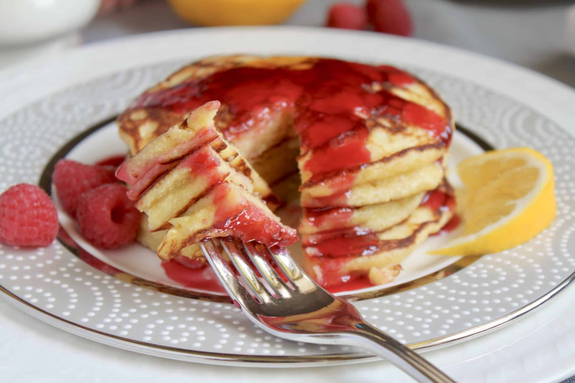 forkful of lemon ricotta pancake pieces