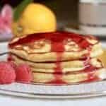 Lemon Souffle Pancakes with Raspberry Syrup
