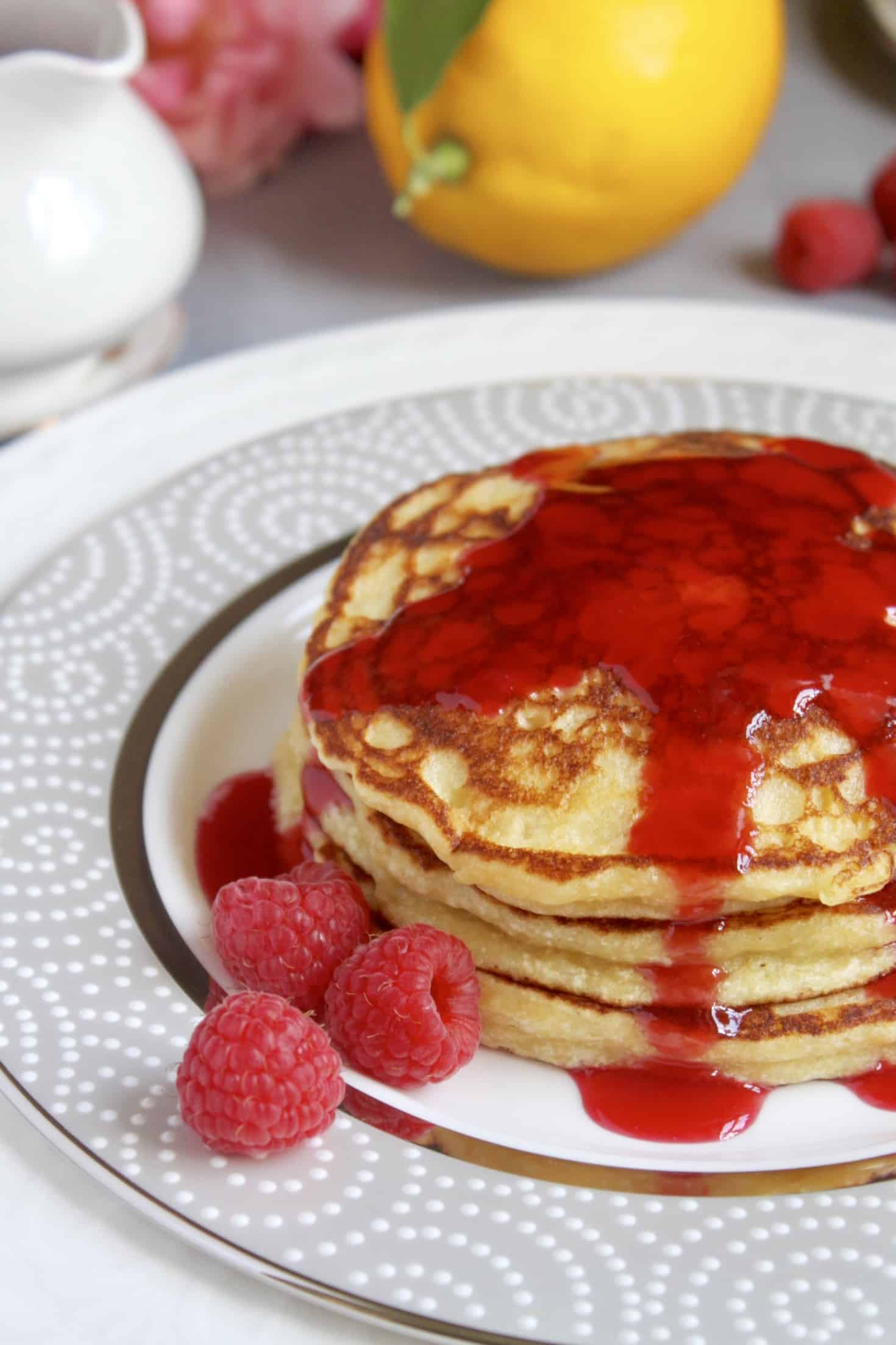 lemon ricotta pancakes with raspberry syrup