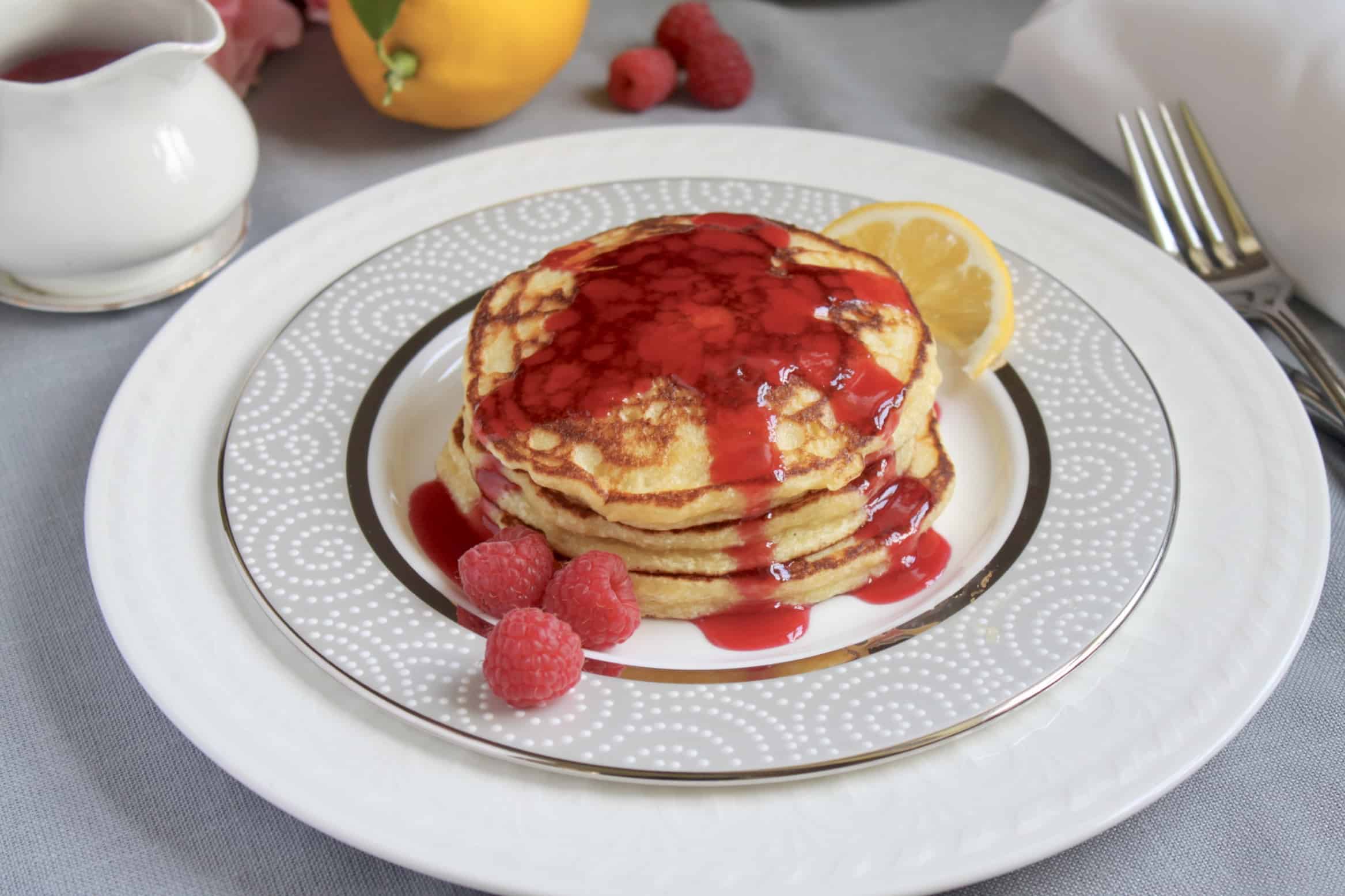 place setting with lemon ricotta pancakes